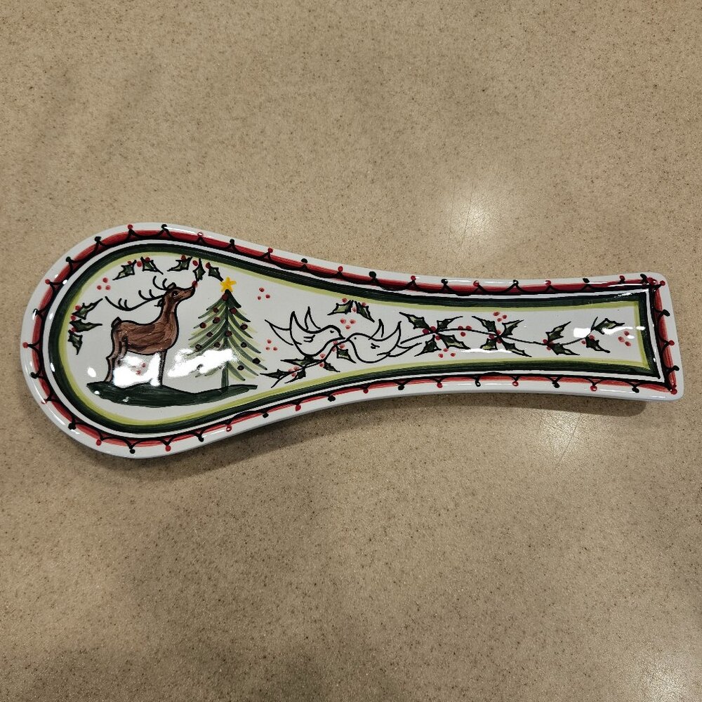 RARE PAVOES CHRISTMAS REINDEER PORTUGAL HANDPAINTED CERAMIC KITCHEN SPOON REST